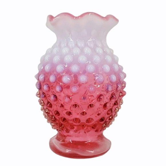 Fenton Hobnail Mini Vase Cranberry to White & Pink Opalescent Ruffled Top VTG - Picture 1 of 5